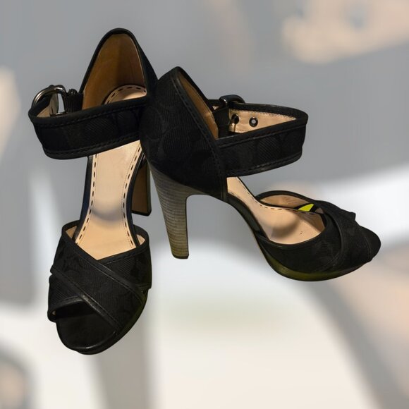 COACH Black Signature C Ankle Strap Platform Heels sz 10 - Picture 2 of 7